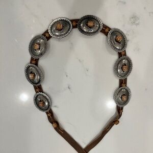 Vintage Brown Leather Silvertone Concho Belt with Beads, Adjustable Size